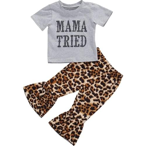 Newborn Baby Girl Summer Clothes Letters Short Sleeve Top Shirt + Leopard Bell-Bottom Pants 2Pcs Outfits Set