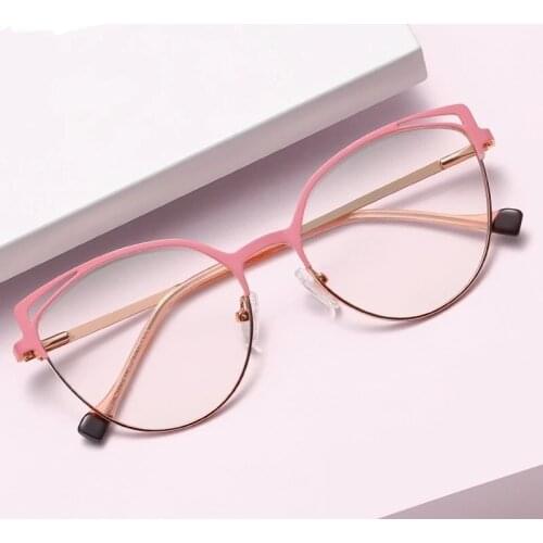 Fashion Metal Cat Eye Oversized Anti-Blu-Ray Ladies Glasses Personality Retro Full Frame Flat Lens Black Pink Blue White