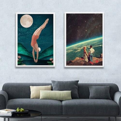 Night Sky Art Prints Earth Canvas Posters Surrealism Galaxy Space Moon Canvas Painting Swiming Cosmic Wall Pictures Sci-Fi Decor