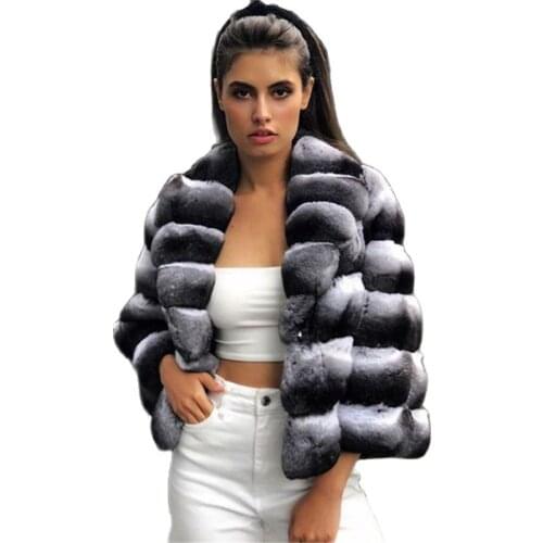 New brand Natural Short Genuine Rex Rabbit Fur Jackets With Fur Collar Winter Warm Overcoats Natural Chinchilla Color Real Fur