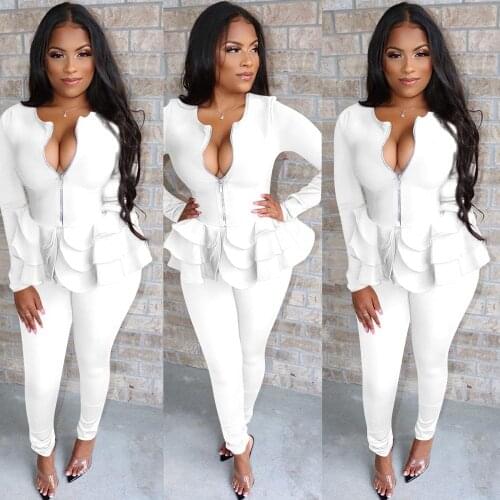 New Elegant Two Piece Set Womens Set Zipper Cascading Ruffles Short Jacket Coat and Pencil Pant Suits Sexy 2 Piece Club Outfits