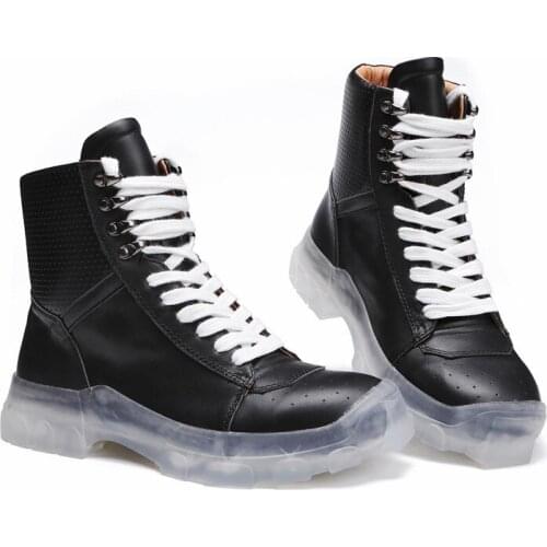 Genuine Leather Thick Platform Shoes Men Winter Lace Up High Top Casual Sneakers High Street Ankle Army Boot Men Black Plus Size