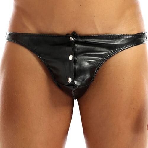 Sexy Men Lingerie Faux Leather Briefs Bikini Underwear Underpants with Press Buttons Thongs Jockstraps Vetement String Homme