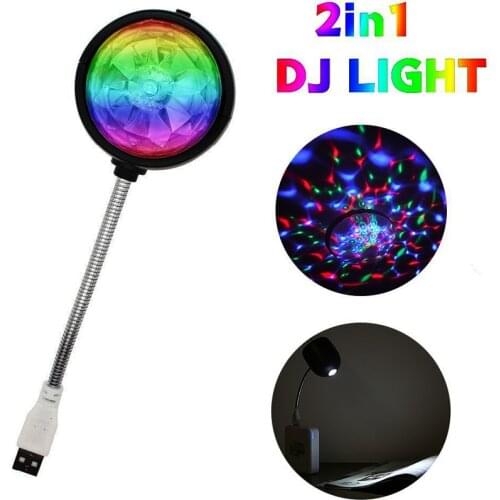 Adjustable 2 in 1 USB Night Light 360° Rotating Light RGB Stage Light For Disco Car Atmosphere Portable White Desk Lamp For Home