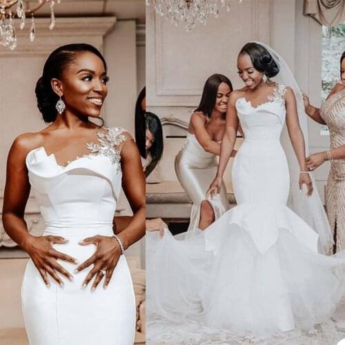 Luxury Arabic Wedding Dresses Mermaid Bridal Gowns Long Sleeves Sparkly Beaded Applique Tiered Skirts Wedding Dress