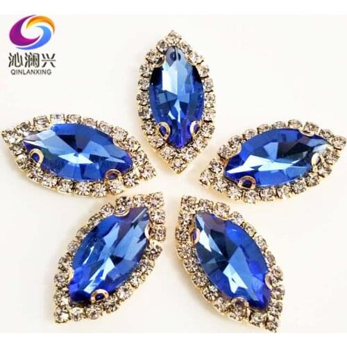 Gold bottom Light blue Top grade Glass Crystal buckle, eye shape sew on rhinestones with holes,Diy/jewelry accessories SWEKG11