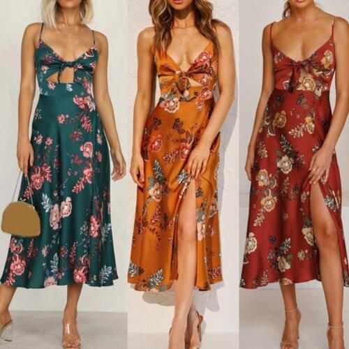Sexy Women Sling Dress V Neck Waist Tight Floral Print Spaghetti Straps Slit Hem Maxi Dress Sexy Slim Party Long Dresses Vestido