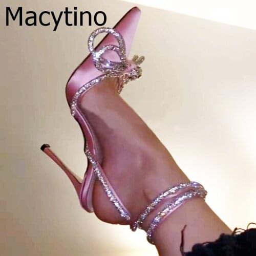 Bling Big Bowknot High Heel Pumps Women Sweet Pink Satin Pointed toe Rhinestones Sandals Lace Up Stiletto Dress Party Shoes