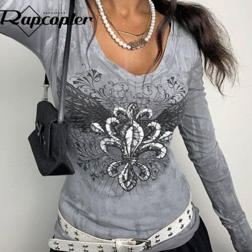 Rapcopter Gray Grunge Fairycore T Shirt Printed V Neck Crop Top Long Sleeve Vintage Casual Tee Female Autumn Harajuku Tees Chic