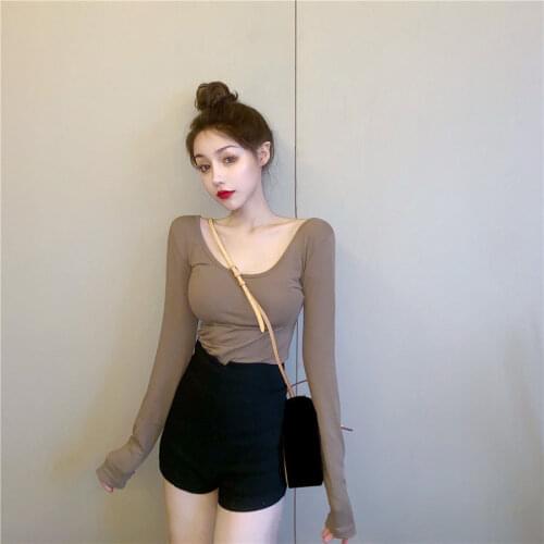 Womens Cotton Long-Sleeved Autumn Winter T-shirt Long-Sleeved Backless Top Woman Tshirts Tops Mujer Camisetas