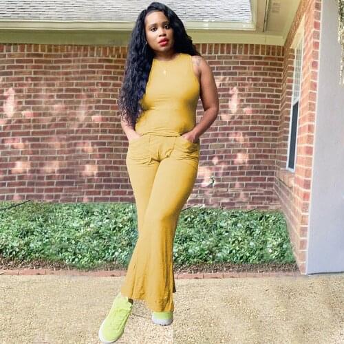 Solid Color 2 Two Piece Sets Round Neck Sleeveless Bandage Tank Tops and Flare Bell Bottom Trouser Streetwear Female Clothing