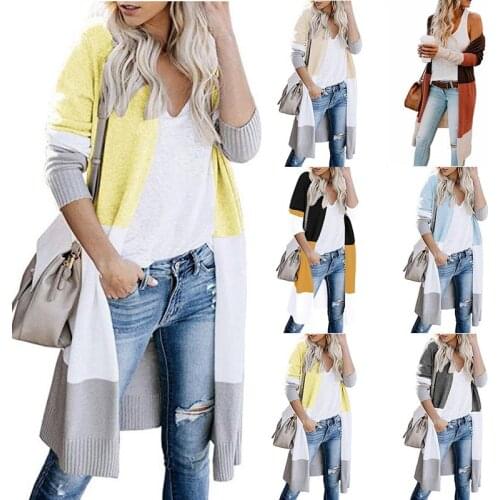 2020 autumn and winter new womens loose knit sweater three-color stripe stitching long sweater cardigan Office Lady V-Neck