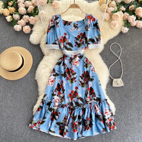 WEIHAOBANG Womens 2021 New Summer Print Flower Vintage Dress Ladys Square Collar High Waist Slim Dress Female Ruffles Dress