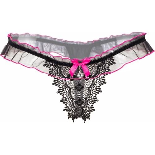 Women Sexy Lingerie Erotic Open Lace Underwear Transparent Panties See Through Lace G-string Panty with Bow and Pendant