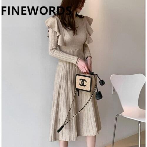 FINEWORDS Winter Korean Chic Dress Ruffles Shoulder Elegant Knitted Dress Women Casual O Neck Vintage Fall Sweater Pleated Dress