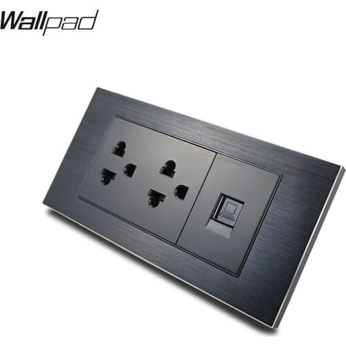153*75mm 2 US Socket and Data Socket Wallpad L3 Black Aluminum Frame Double US Universal Outlet Data RJ45 Internet Socket 9M