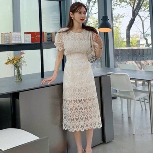 2020 New Summer Sexy O Neck Sleeveless High Waist Elegant Korean OL Office Lace Dress White Party Long Dress Robe De Soirée