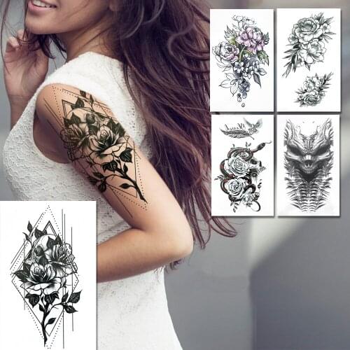 Diamond Flowers Temporary Tattoos For Women Snake Peony Cherry Blossoms Fake Tattoo Daisy Death Skull Waterproof Tatoos Body Arm