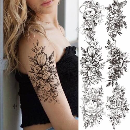 Black Big Lotus Temporary Tattoos For Women Adutls Girl Tiger Bird Snake Rose Peony Fake Tattoo Sticker Body Art Forearm Tatoo