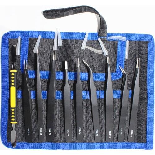 Black tweezers suit Curved Straight Eyebrow Tweezers Anti Acid Nipper Rhinestone Picking Tool False Eyelash Nail Art Tool ESD-15
