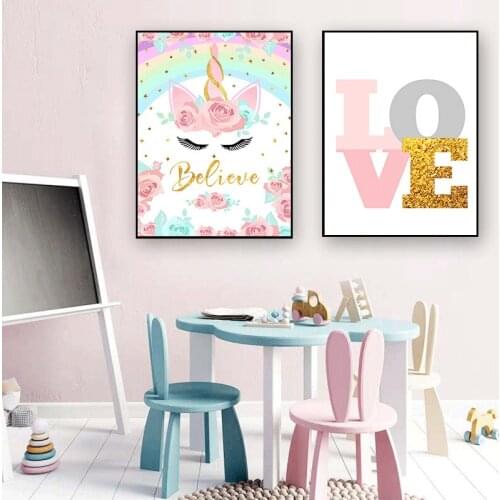 Decoration Picture Children Kids Bedroom Decor Rainbow Unicorn Print Baby Nursery Wall Art Canvas Painting Cute Nordic
