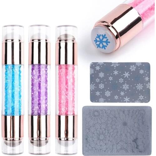 Double Sided Nail Stamper Stamping Plate Set Jelly Silicone Stamp Crystal Handle French Smile Nail Art Stencil Tools