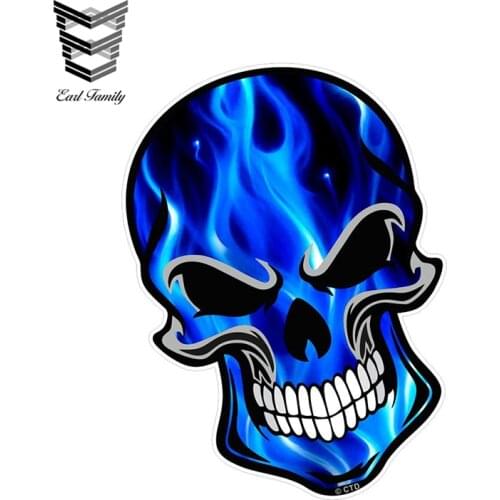 EARLFAMILY 12cm X 8.3cm GOTHIC BIKER SKULL with Electric Blue Flames Fire Motif External Vinyl Decal Car Stickers Car Styling