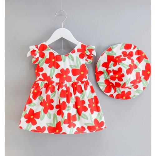 2021 Summer Baby Girl Dress New Girl Sweet Flowers Fruit Print Fly Sleeve 2pcs Set Dress with Hat A-line Boho Princess Sundress