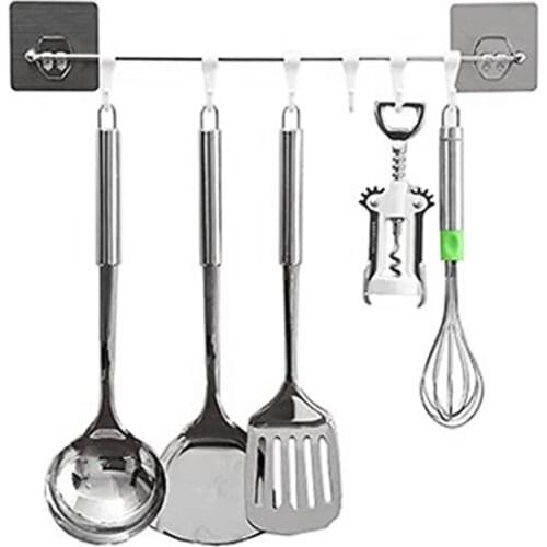 Wall Bar Kitchen Storage Rack for Utensils Spatula Casserole with Wall Hook Waterproof Non-Trace Easy Installation without Drill