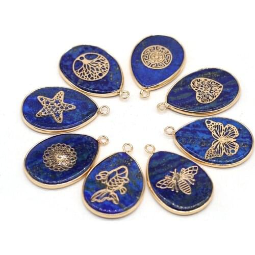 Natural Semi-precious Stone Pendant Water Droplets Shape Gilded Edge Blue Marine Ore for Jewelry Making Necklaces Gift