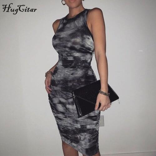 Hugcitar 2020 Sleeveless Tie Dye Ruched Skinny Midi Dress Autumn Winter Women Fashion Sexy Party Club Elegant Clothings