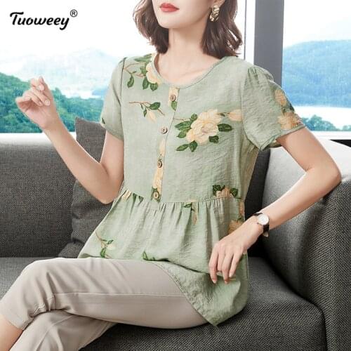 Casual Summer Ladies Female Women short Sleeve Blusas Fashion Floral Print Chiffon Blouse Shirt Loose Buttons Tops Tee Pullover