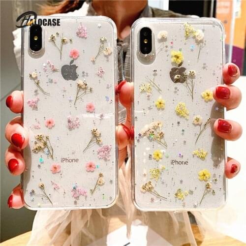 Real Dry Flower Glitter Clear Case Transparent for Iphone 8 7 Plus 6 6s Epoxy Star for Iphone X XR 11 Pro XS MAX Soft Cover Top
