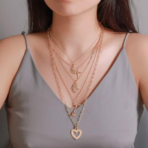 Retro Cross Heart Rose Flower Leaf Tassel Five Golden Alloy Pendant Multi-Layer Necklace for Women