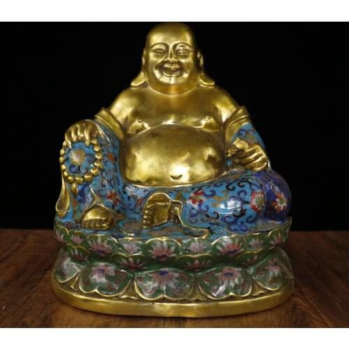 11"Tibet Buddhism Temple Old Bronze Cloisonne Maitreya Big Belly Laughing Buddha Lotus Terrace Enshrine the Buddha Accommodating