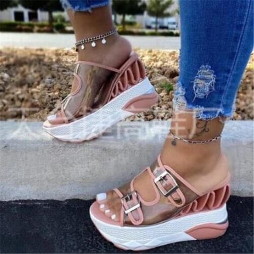 Summer wedge slippers female belt buckle high heel large size womens sandals wedges shoes for women clear heels women sandals