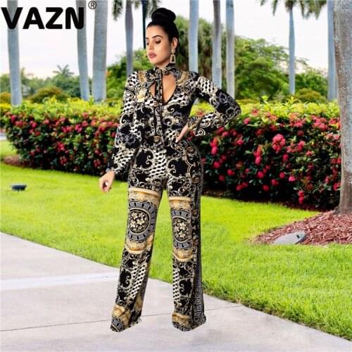 VAZN GSMR19079 new product 2019 summer sexy lady colors print jumpsuit full sleeve bow neck long pants jumpsuit zipper jumpsuits