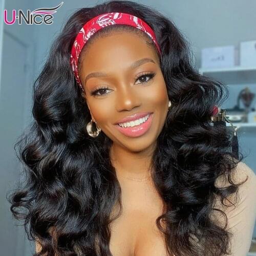 Unice Hair Body Wave Headband Wigs 150% Density Brazilian Glueless Human Hair Wigs Natural Color Headband Scarf Wigs