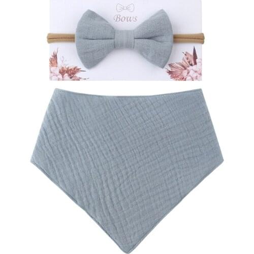 Y1QF 2 Pcs Baby Girls Elastic Bow Headband Saliva Towel Set Princess Bowknot Hair Band Bibs Feeding Burp Cloth Kit