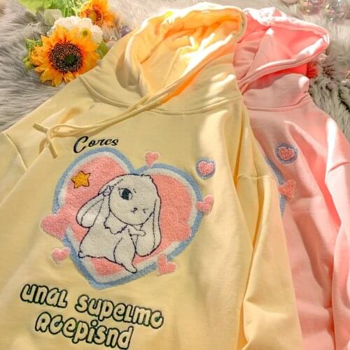 Yellow Cute Rabbit Embroidery Cartoon Hoodies Plus Size Sweatshirt 2021Autumn New Casual Long Sleeve Tops Teens Clothes Harajuku