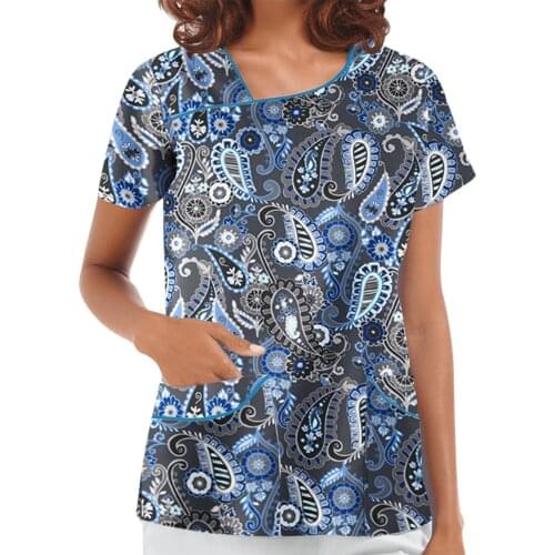 Women Blouse Short Sleeve Asym-neck Flower Pattern Top Nurse Working Uniform Vintage Working Clothes Enfermera Mujer Unifo