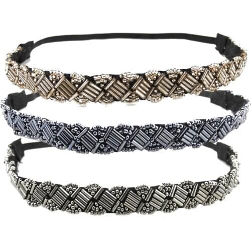 Ethnic Colorful Beads Headband Vintage Geometric Crystal Braided Women Hairband Elastic Headband Hairband Boho Accessories XL031