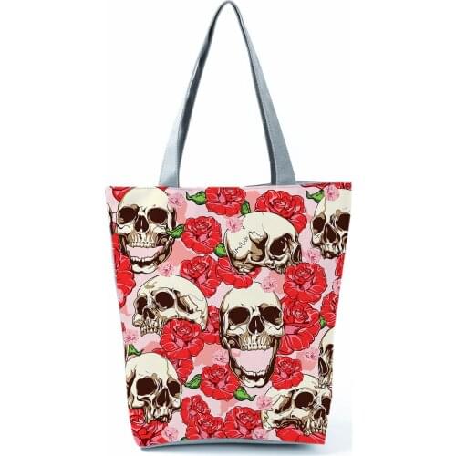 Floral Skull Print Tote Handbags for Women Halloween High Capacity Eco Friendly Shopping Bags Fashion Portable Open Pocket Bags