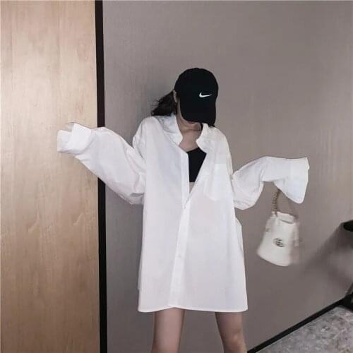Zadily Oversize Long Sleeve Womens White Shirt Y2K Pocket Button Up Loose BF Ladies Blouse 2021 Autumn Casual Female Clothing