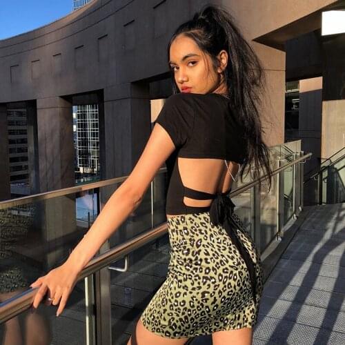 Women Summer Backless Crop Tops Sexy Tied Waist Bandage Black Hollow Out Short Sleeve T-shirts 2021 New Fashion Black Top Tee