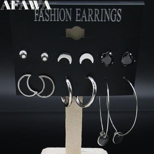 6 Pair Moon Stainless Steel Stud Earrings for Women Silver Color Earing Jewelry joyas de acero inoxidable para mujer E612826