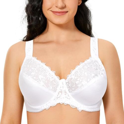 Plus Size Women Bra Full Coverage Minimizer Lace Floral Embrodiery White Bras Non Padded Underwire C D DD E F G H I Cup