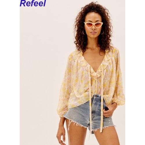 Sexy Perspective Chiffon Camis Women V-neck Floral Print Ladies Ruffles Summer Top High Street Femme Tank Top