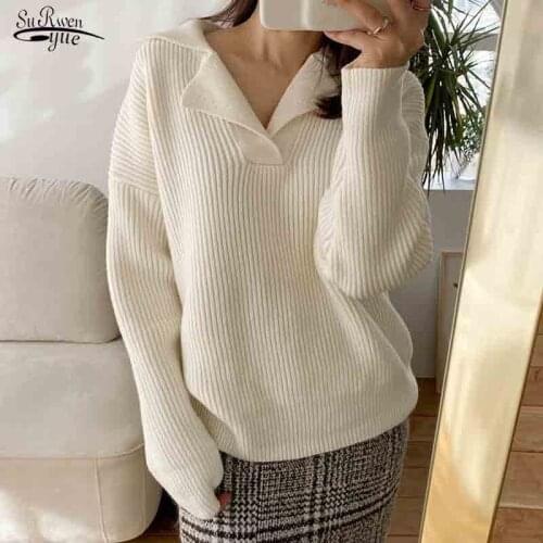 White Casual Chic Loose Turn-down Collar Women Knitted Jumpers Autumn Elegant Full Sleeve Female Solid Pullover Sweaters 16647