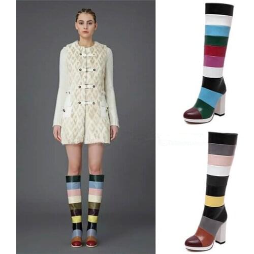 Winter Boots Multicolor Patchwork Leather Striped Knee High Women Boots Round Toe Zipper Blocked High Heel Riding Boots Woman